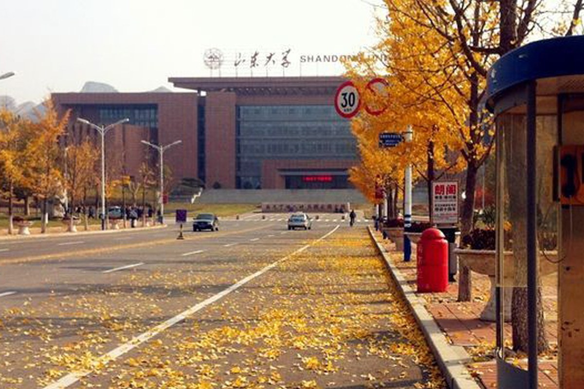 A quiet city street lined with autumn trees and low-rise buildings.